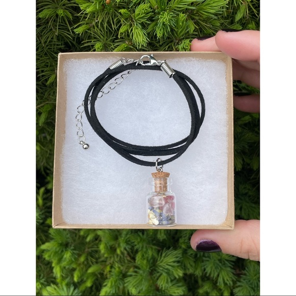 Crystal + Herb Bottle Necklace | Hand Crafted Chamomile + Rose Quartz - Picture 5 of 6